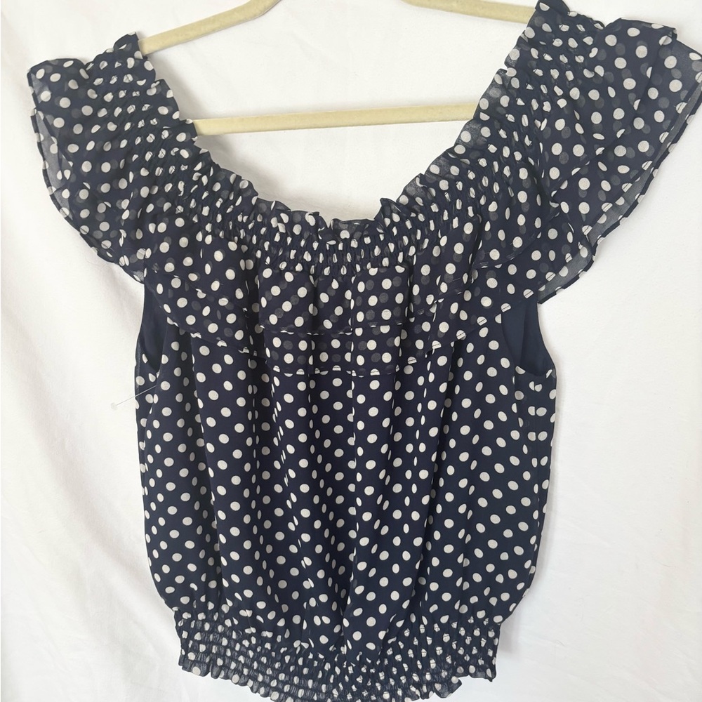 Ralph Lauren Navy Polka Dot Off-Shoulder Blouse - Picture 7 of 10